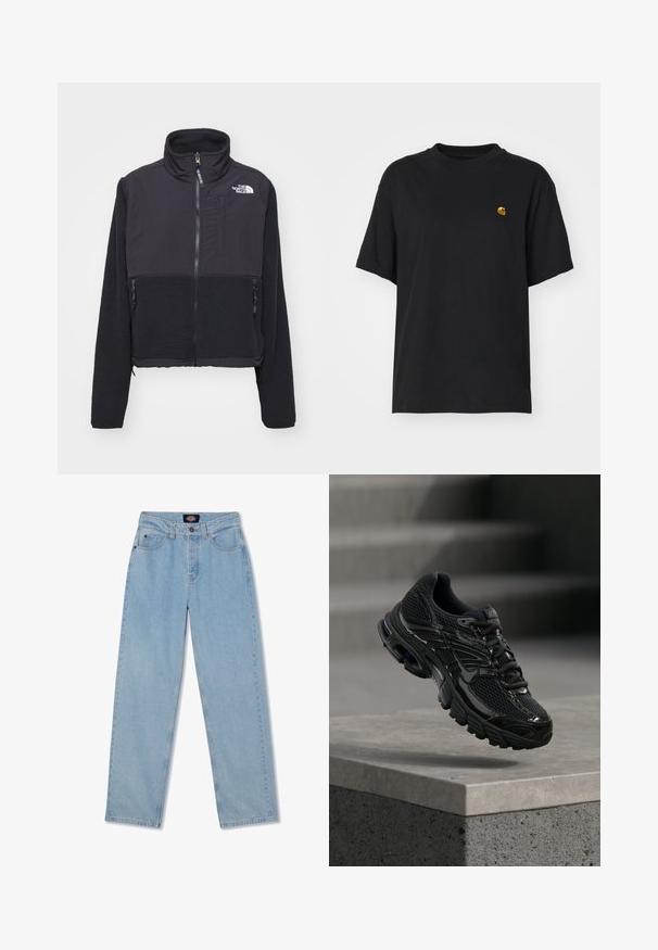 Sort fleecejakke med høj krave, lynlås foran og dobbelte sidelommer. Har et kontrastfarvet glat stof på toppen og tekstureret fleece forneden.; Sort bomulds T-shirt med en afslappet pasform. Har en rund halsudskæring og korte ærmer. Inkluderer et lille guld broderet logo på brystet.; Lyseblå denimjeans med lige pasform, fem lommer, knaplukning og subtile slidmærker foran.; Sort Nike løbesko med mesh og syntetisk overdel, der svæver over en betonoverflade og trin i baggrunden.