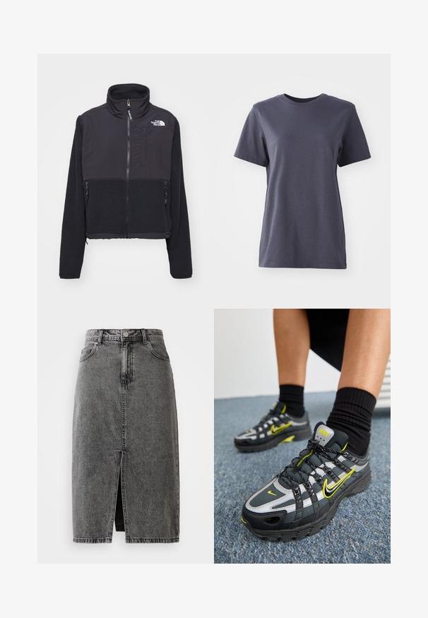 Sort fleecejakke med høj krave, lynlås foran og dobbelte sidelommer. Har et kontrastfarvet glat stof på toppen og tekstureret fleece forneden.; Kortærmet t-shirt i mørkegrå bomuld, rund hals, glat tekstur, lige kant, ingen synlige mønstre eller hardware-detaljer.; Højtaljet, falmet sort denim midi-nederdel med en frontslids, bæltesløjfer og klassisk fem-lomme design.; Sorte og grå atletiske sko med refleksive sølvdetaljer, teksturerede mesh-paneler og lysegule detaljer. Snørebåndsdesign med struktureret sål.