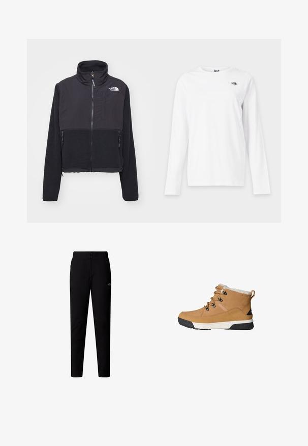 Sort fleecejakke med høj krave, lynlås foran og dobbelte sidelommer. Har et kontrastfarvet glat stof på toppen og tekstureret fleece forneden.; Hvid langærmet T-shirt med rund hals og lille sort The North Face-logo på venstre bryst.; The North Face W QUEST SOFTSHELL PANTS - Bukser - tnf black; Brune ankelstøvler med en tekstureret læderoverdel, fleecefor, runde snørebånd og en gummisål med et sort og hvidt design.