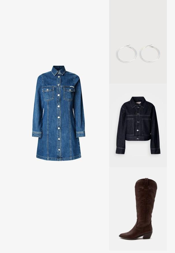 Dunkle Jeansjacke mit kurzem Schnitt, ausgestattet mit Knopfleiste, spitzem Kragen, zwei Fronttaschen und kontrastierenden weißen Nähten.; Denimhemdkleid, lange Ärmel, durchgehende Knopfleiste, zwei Brusttaschen, klassischer Kragen, mittelblaue Farbe und leichte Steppdetails.; Hoher brauner Leder-Cowboystiefel mit detaillierter Naht, spitzer Spitze und Blockabsatz auf schlichtem hellem Hintergrund.; Paar glänzende silberne Creolen mit dünnen Drahtverschlüssen, dargestellt vor einem hellgrauen Hintergrund.
