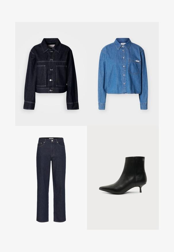 Dunkle Jeansjacke mit kurzem Schnitt, ausgestattet mit Knopfleiste, spitzem Kragen, zwei Fronttaschen und kontrastierenden weißen Nähten.; Blaues Jeanshemd mit langen Ärmeln, Knopfleiste, Kragen und Brusttasche, die ein kleines Calvin Klein Logo-Tag trägt.; Gestuz SUMMER WIDE - Wide Leg - unwashed denim; Schwarzer Leder-Knöchel-Stiefel mit spitzer Spitze und niedrigem Kittenabsatz vor hellem Hintergrund, seitliche Ansicht.