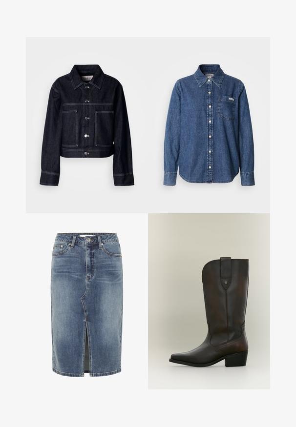 Mørk denimjakke med kort design, der har knaplukning foran, spids krave, to forlommer og kontrastfulde hvide syninger.; Blå denimskjorte med lange ærmer, knaplukning foran, krave, enkelt brystlomme og diskrete syningsdetaljer. Glat tekstur og afslappet pasform.; Blå denim nederdel i knælængde med central slids foran, fem-lomme design og knaplukning i taljen.; Mørkebrun læderstøvle til midt på læggen med lav blokhæl, spids tå og en syet trækflig med et lille metal logo.