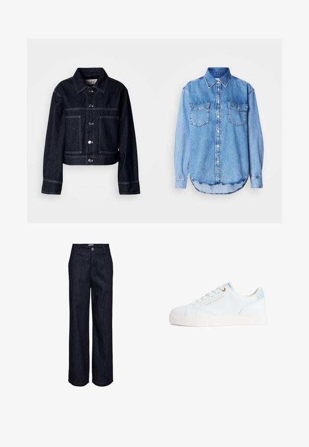 Dunkle Jeansjacke mit kurzem Schnitt, ausgestattet mit Knopfleiste, spitzem Kragen, zwei Fronttaschen und kontrastierenden weißen Nähten.; Jeanshemd in Hellblau mit klassischem Kragen, durchgehender Knopfleiste, zwei Brusttaschen und rundem Saum mit Ziernähten.; Dunkelblaue Denim-Jeans mit geradem Bein, Knopf- und Reißverschluss, Gürtelschlaufen und sichtbaren Nahtdetails.; Weißer Sneaker mit niedrigem Schaft, hellblauem Fersenlaschen, weißen Schnürsenkeln und goldenem "Tommy Hilfiger"-Logo an der Seite.