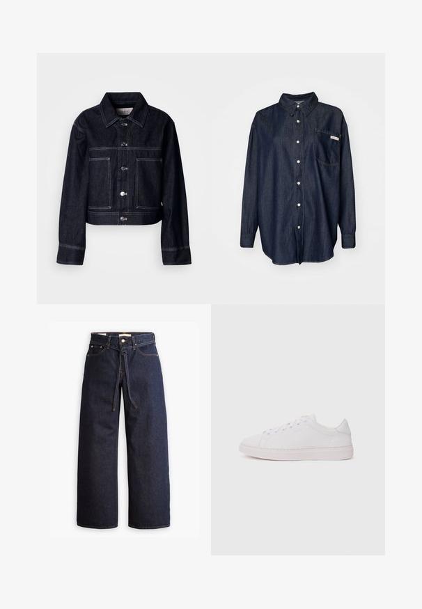 Mørk denimjakke med kort design, der har knaplukning foran, spids krave, to forlommer og kontrastfulde hvide syninger.; Mørk denim skjorte med knapper, der har krave, lange ærmer, en enkelt brystlomme og hvide stikninger.; Bredde ben mørkeblå denim jeans med høj talje, der har snoretræk, fem lommer og kontrastsyet detaljer.; Hvide sneakers med en glat læderoverdel, rund tå og flad gummisål. Har snørefunktion og et diskret logo på siden.