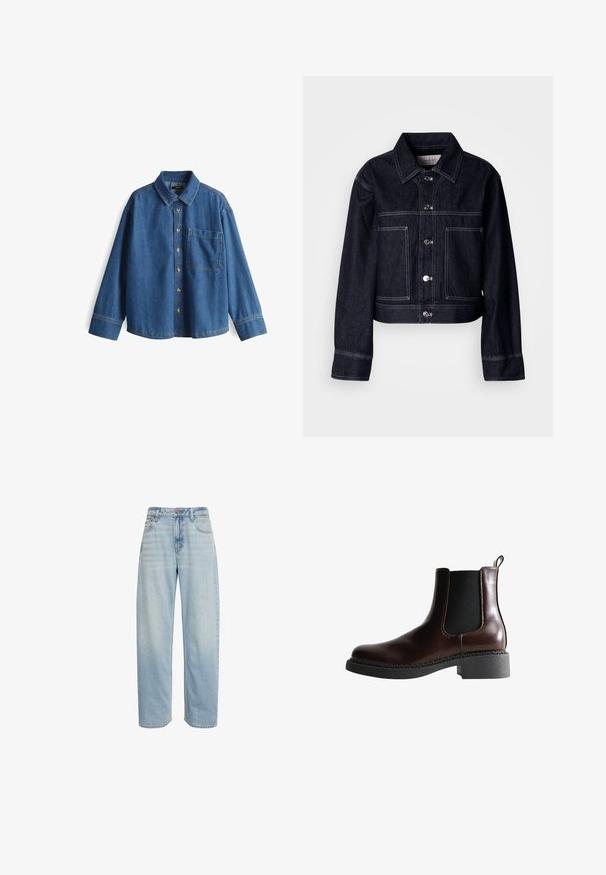 Dunkle Jeansjacke mit kurzem Schnitt, ausgestattet mit Knopfleiste, spitzem Kragen, zwei Fronttaschen und kontrastierenden weißen Nähten.; Jeanshemd, hellblau, langärmlig, Knopfleiste vorne, Kragen, eine Brusttasche, kontrastierende Nähte und ein lässiger Schnitt.; Hellblaue, hoch taillierte Straight-Leg-Jeans mit fünf Taschen und Knopfverschluss, vor weißem Hintergrund gezeigt.; Braune Leder-Boots mit elastischen Seitenteilen, runder Spitze und einer strukturierten schwarzen Gummisohle. Verfügt über kontrastierende Nähte und eine Ziehlasche.