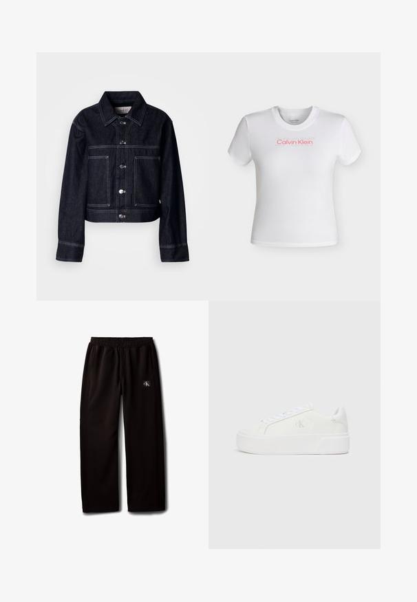Chaqueta de denim oscuro con diseño cropped, que presenta cierre frontal con botones, cuello puntiagudo, dos bolsillos delanteros y costuras en contraste blanco.; Camiseta corta de manga corta blanca con cuello redondo, con el logo "Calvin Klein" en rojo y texto tenue "SPORT" encima en el pecho.; Pantalones negros de pierna ancha con cintura elástica y bolsillos laterales, con un pequeño parche con el logo de Calvin Klein en el muslo derecho.; Zapatillas de plataforma blancas con parte superior de cuero suave, punta redondeada, cordones blancos y un sutil detalle de logotipo en el lateral. Suela de goma plana.