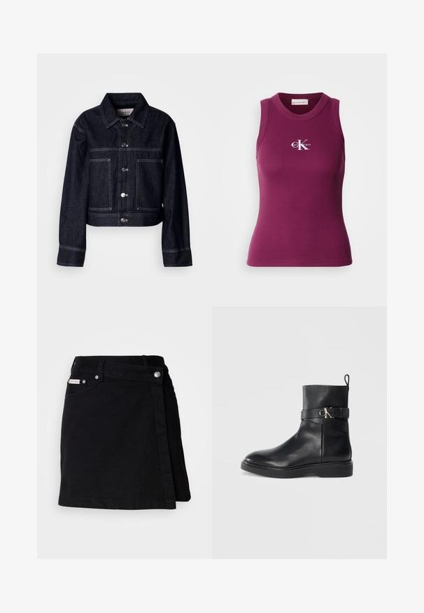 Mørk denimjakke med kort design, der har knaplukning foran, spids krave, to forlommer og kontrastfulde hvide syninger.; Ribbet, ærmeløs tanktop i mørkelilla med rund hals og hvid "Calvin Klein"-logo på brystet. Blødt stof med en tætsiddende pasform.; Sort denim mini nederdel med et omslag design, der har en front knappelukning, subtile syninger og et lille mærke ved taljen.; Sort læder ankelstøvle med flad sål, der har en sidelås og detalje med sølvfarvet CK-logo. Glat overflade og strømlinet design.