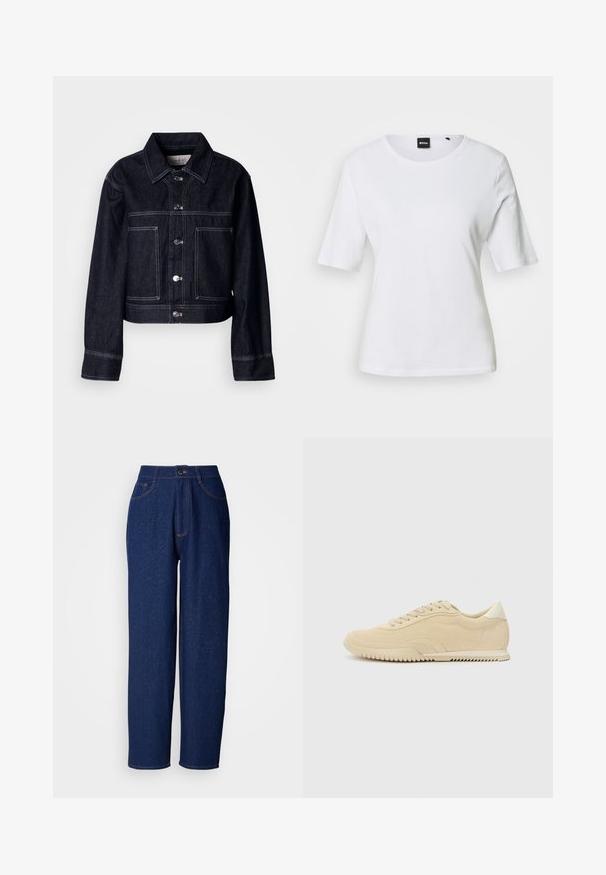 Dunkle Jeansjacke mit kurzem Schnitt, ausgestattet mit Knopfleiste, spitzem Kragen, zwei Fronttaschen und kontrastierenden weißen Nähten.; Weißes T-Shirt mit kurzen Ärmeln, Rundhalsausschnitt, figurbetontem Schnitt und kleinem schwarzem BOSS-Label am Halsausschnitt.; Dunkelblaue Denim-Hosen im weiten Schnitt mit hoher Taille, ausgestattet mit orangefarbenen Nähten, Vorderaschen und einem Knopfverschluss. Glatte Textur mit feinen Sprenkeln.; Beige Wildleder Sneaker mit Schnürdesign, strukturiertem Obermaterial, kontrastierender Gummisohle und einem leichten Absatz. Minimalistischer Stil mit dezentem Branding.