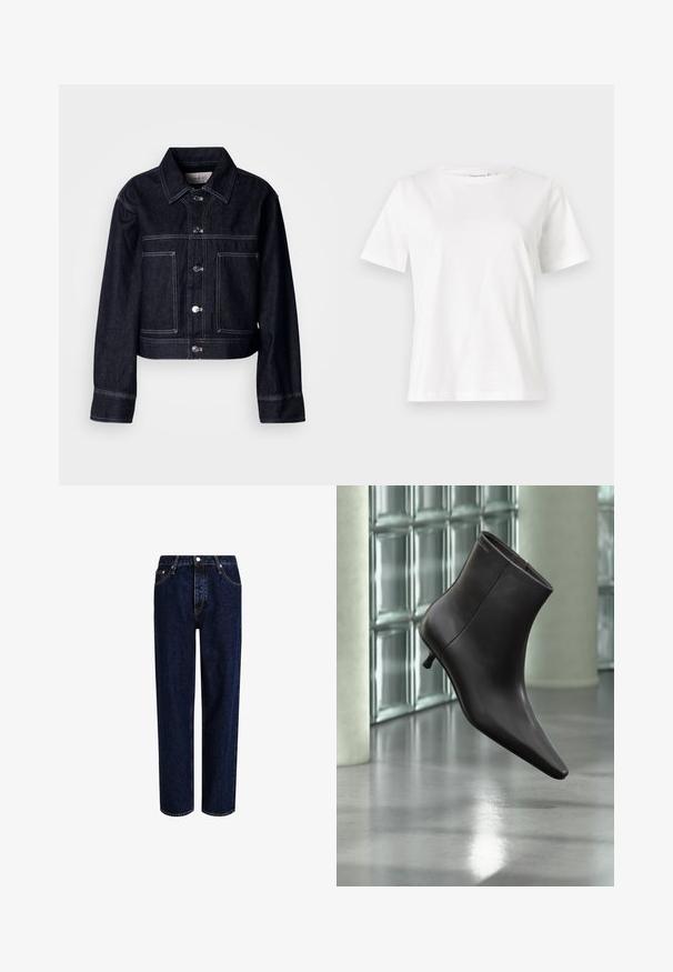 Mørk denimjakke med kort design, der har knaplukning foran, spids krave, to forlommer og kontrastfulde hvide syninger.; Hvid bomulds t-shirt med korte ærmer, rund halsudskæring og en afslappet pasform. Glat tekstur, ingen mønstre eller accenter, minimalistisk design.; Mørkeblå denim jeans med lige ben-design, der har høj talje, fem-lomme-stil og kontrastsyninger. Ingen dekorationer.; Sort læderankelstøvle med spids tå og lille hæl vist mod en væg af glasblokke og poleret gulv baggrund.