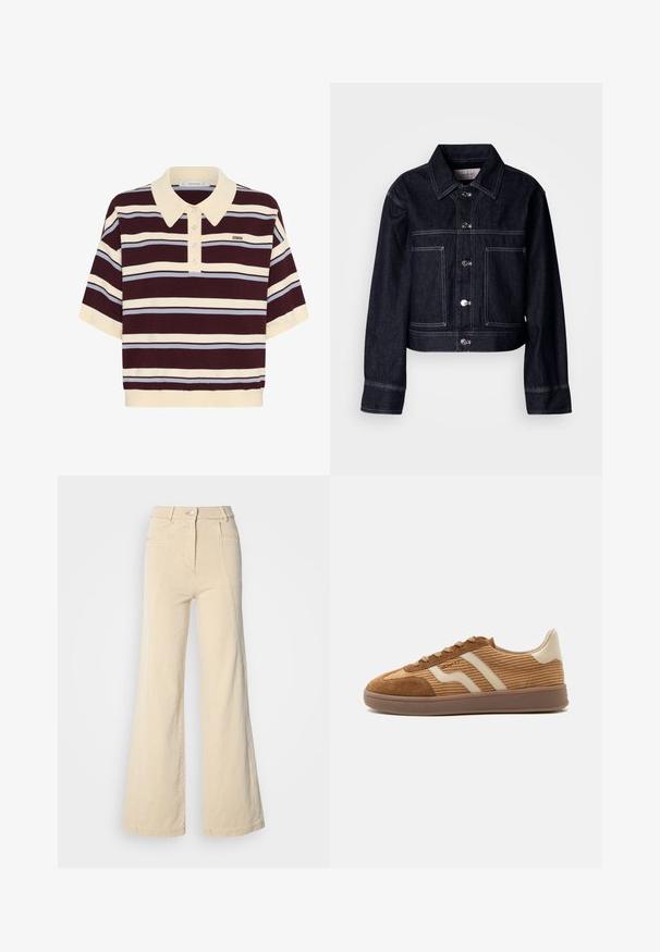 Mørk denimjakke med kort design, der har knaplukning foran, spids krave, to forlommer og kontrastfulde hvide syninger.; Kortærmet polo-shirt i mørkerød og creme striber med lyseblå accenter, der har krave og knaplukning. Blødt strikket stof.; Beige vidde jeans med høj talje, forlommer og kontrasterende syninger, udstyret med en knaplukning og en glat bomuldsstruktur.; Brun ruskind og kordfløjls sneaker med beige bølgede striber, snørebånd og en gummisål på hvid baggrund, sidebeskåret view.