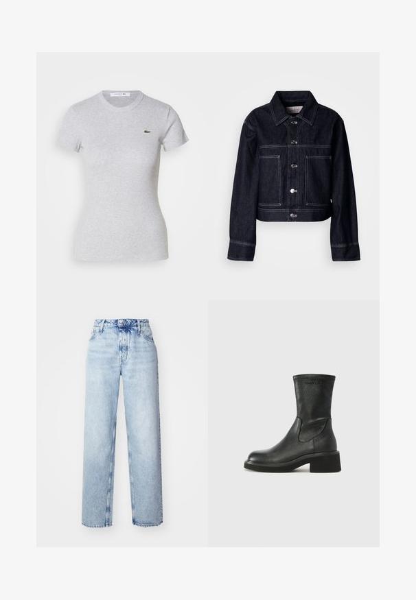 Chaqueta de denim oscuro con diseño cropped, que presenta cierre frontal con botones, cuello puntiagudo, dos bolsillos delanteros y costuras en contraste blanco.; Camiseta ajustada de manga corta en gris claro con cuello redondo y un pequeño logotipo de cocodrilo verde de Lacoste en el lado izquierdo del pecho.; Jeans de tiro alto color azul claro con un corte holgado, que cuentan con piernas rectas, cinco bolsillos y un cierre clásico de botones y cremallera.; Tommy Jeans Botines bajos - black
