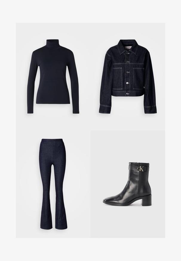 Veste en denim foncé au design court, comportant une fermeture à boutons, un col pointu, deux poches avant et des surpiqûres blanches contrastantes.; Haut à col roulé bleu marine à manches longues. Fabriqué en tissu doux avec une texture lisse. Présente un design ajusté et un col haut sans coutures visibles.; Pantalon évasé en denim bleu foncé avec une taille haute, présentant une texture lisse et un léger éclat, sans accessoires ni ornements visibles.; Botte de cheville en cuir noir avec un bout pointu, un talon carré et une sangle avec un détail de logo métallique. Texture lisse et design minimaliste.