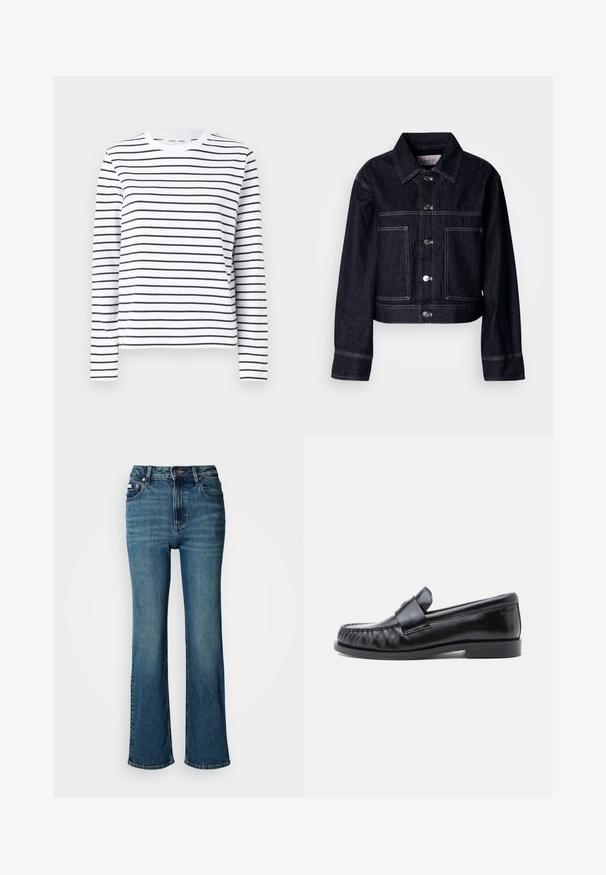 Mørk denimjakke med kort design, der har knaplukning foran, spids krave, to forlommer og kontrastfulde hvide syninger.; Langærmet skjorte i hvid bomuld med sorte horisontale striber. Har en rund halsudskæring og en afslappet pasform. Ingen bemærkelsesværdige accenter eller mønstre.; Højtaljede blå jeans lavet af denim, med lige ben design, subtil fading, og en standard knap- og lynlås lukning.; Sorte læderloafers med rundet tå, karakteristisk syning og en dekorativ rem over vampen. Glat finish og lav hæl.