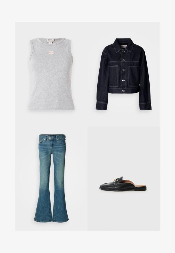 Veste en denim foncé au design court, comportant une fermeture à boutons, un col pointu, deux poches avant et des surpiqûres blanches contrastantes.; Top sans manches gris en tissu côtelé, avec un col rond et une petite étiquette logo CK à l'avant. Design simple et ajusté.; Jean en denim bleu évasés avec une finition délavée, présentant un design classique à cinq poches et une fermeture à bouton en métal à la taille.; Chaussure en cuir noir à enfiler avec bout arrondi, accent en métal doré et semelle plate. Intérieur doublé de cuir tan pour plus de confort.