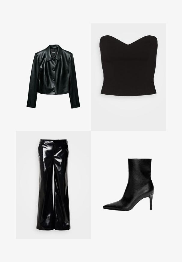 Čierna krátka bunda z imitácie kože s špicatým golierom, dlhými rukávmi a štyrmi veľkými prednými gombíkmi na stred.; NA-KD STRAPLESS TIGHT - Top - black; Čierne široké nohavice z lesklého, lesklého materiálu; majú hladkú textúru a prispôsobený pás bez viditeľných zapínaní alebo ozdôb.; Čierna kožená členková čižma s elegantným siluetom, špicatou špičkou a vysokým ihličkovým podpätkom. Jemná textúra, minimalistický dizajn bez viditeľných kovových prvkov.