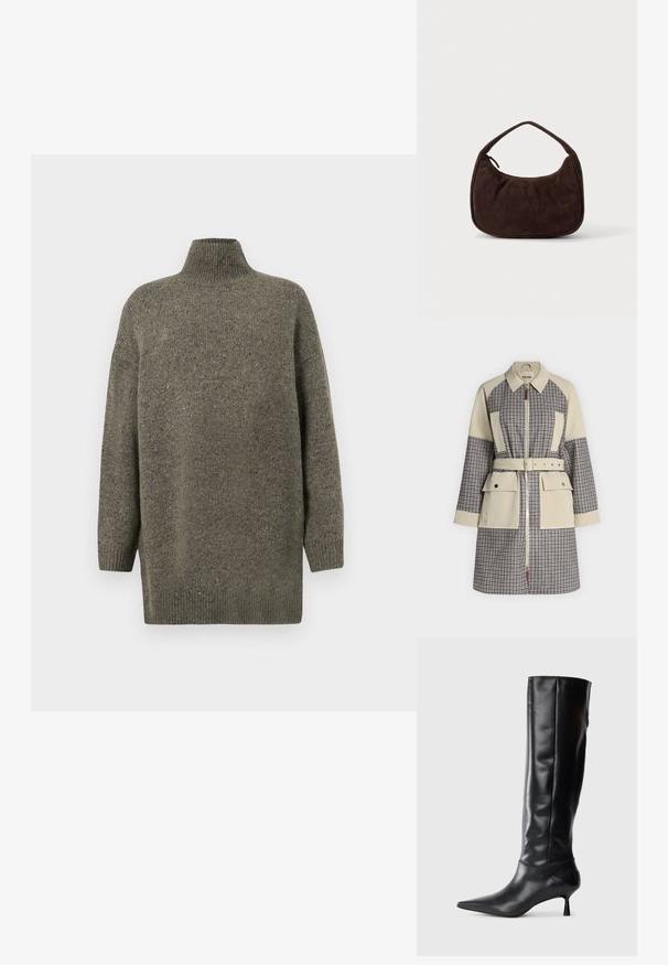 Manteau beige à carreaux mi-long avec fermeture éclair frontale, ceinture, deux grandes poches à rabat et manches longues sur un fond uni.; Pull en tricot vert foncé avec un col ribba haut, des manches longues et une coupe décontractée. Tissu texturé avec de subtiles variations.; Botte en cuir noir hautes jusqu'au genou avec un bout pointu et un talon fin et courbé. Texture lisse, design ajusté, sans matériel ni motifs visibles.; Sac à main en daim marron foncé avec une courte sangle et une forme rectangulaire arrondie sur un fond uni clair.