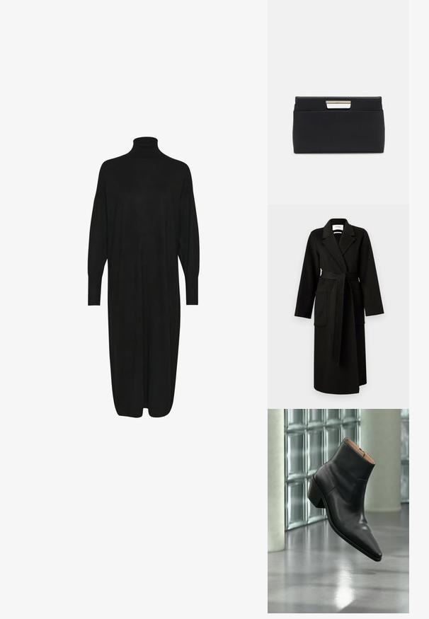 Zwarte wollen wikkeljas met lange mouwen, notch revers, een strikceintuur en twee voorzakken. Gladde textuur, lange ontwerp tot op de vloer.; Zwarte gebreide jurk met een hoge opstaande kraag, lange mouwen en een relaxte pasvorm. Zachte textuur met een lengte tot halverwege de kuiten en geen zichtbare patronen of accenten.; Zwarte leren enkellaars met een spitse neus en blokhak die zweeft boven een reflecterende grijze vloer nabij een glazen blokmuur.; Zwart leren clutch tas met een rechthoekige vorm. Heeft een metallic handvataccent op de sluiting, een gladde textuur en een minimalistisch ontwerp.