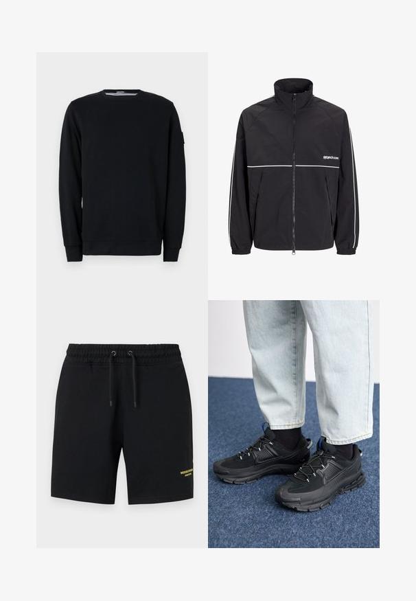 Sort letvægtsjakke med høj krave, frontlynlås og hvide aksentstriber på skuldrene og brystet. Elastiske manchetter. Log på brystet.; Sort sweatshirt med rund halsudskæring og lange ærmer. Fremstillet af blødt stof med ribbede manchetter og kant, med minimalistiske designdetaljer.; Sorte shorts lavet af bomuld med elastisk talje, snøre detaljer og gul tekstaccent på nederste venstre ben.; Sorte træningssko med tekstureret stof og gummisåler, udstyret med elastiske snørebånd og en blå detalje på hælen. Bæres med lyse denimbukser.