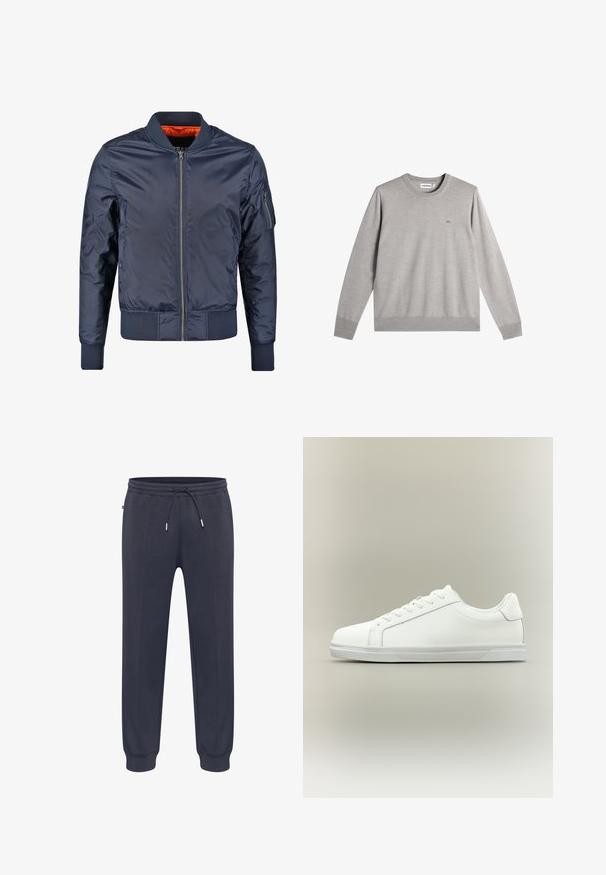 Mørkeblå bomberjakke med lynlås foran, ribbede manchetter og liv. Foret med orange stof; har en lomme på ærmet for ekstra detalje.; Lysegrå langærmet crewneck sweater med ribstrikkede manchetter og kant, lille broderet logo på venstre brystområde.; Mørkeblå sweatpants med elastisk taljebånd, justerbar snøre, sidelommer og tætsiddende manchetter. Fremstillet af blødt, let materiale.; Lavtop hvid sneaker med snørelukning foran og tekstureret gummisål mod en ensartet neutral baggrund.