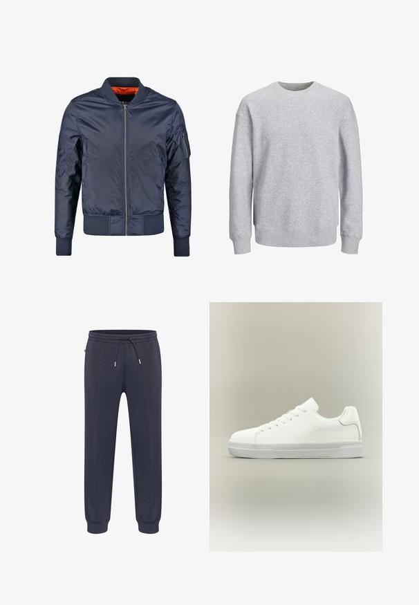 Tumesin nahkjope, millel on lukuga eesmine osa, soonikse jätkatud varrukad ja vöökoht. Jope on vooderdatud oranži kangaga; sellel on ka varrukapocket lisadetailideks.; Hallitus hall sweatshirt, ümmarguse kaeluse, pikkade varrukate ning ribatud mansettide ja äärtega. Valmistatud pehmest kangast, omab mugavat lõiget, ilma mustrite või aksessuaarideta.; Tumedas sinised dressipüksid elastse vöökohaga, reguleeritava nööriga, küljetaskutega ja kitsenevate mansettidega. Valmistatud pehmest, kergest materjalist.; Valged madalad spordijalatsid eespaela kinnitusega, pehmendatud kraega ja tekstureeritud kummist tallaga, näidatud küljeprofiilil neutraalsel taustal.