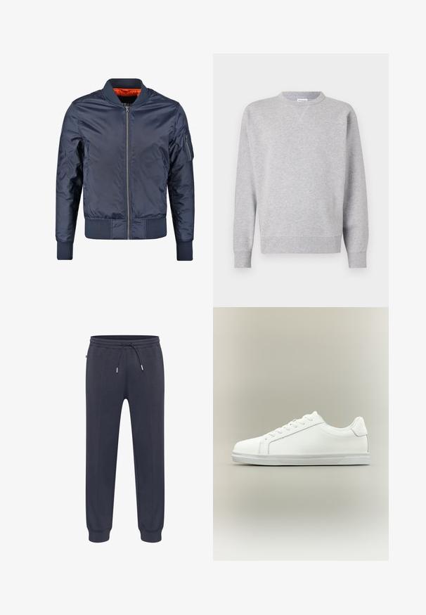 Marine bomberjack met een ritssluiting aan de voorkant, ribgebreide manchetten en een ribgebreide tailleband. Gevoerd met oranje stof; heeft een zak op de mouw voor extra detail.; Grijze sweatshirt van zacht materiaal, met een ronde hals, lange mouwen, geribbelde manchetten en een rechte zoom. Geen zichtbare patronen of grafische elementen.; Donkerblauwe joggingbroek met elastische tailleband, verstelbaar trekkoord, zijzakken en aansluitende boorden. Gemaakt van zacht, lichtgewicht materiaal.; Witte lage sneaker met veterluiting aan de voorkant en een gestructureerde rubberen zool tegen een neutrale achtergrond.