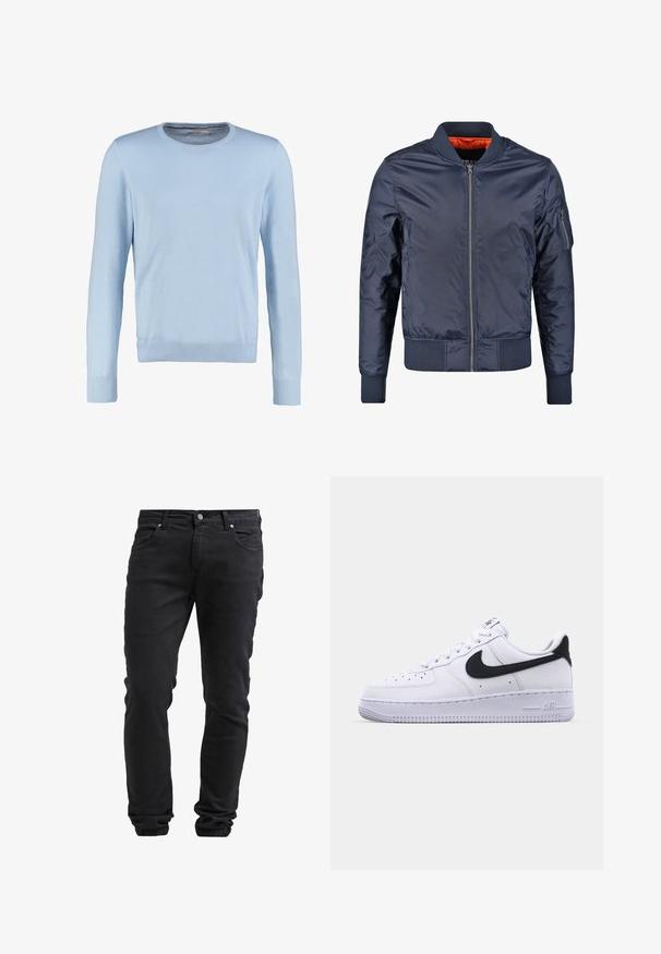 Chaqueta bomber en color navy con cierre frontal, puños y cinturilla acanalados. Forrada con tejido naranja; cuenta con un bolsillo en la manga para un detalle adicional.; Suéter de manga larga de color azul claro con cuello redondo. Presenta una textura suave y puños y dobladillo acanalados. Diseño clásico y ajustado.; Jeans negros slim fit con cierre de botón y cremallera, cinco bolsillos y puños elásticos en los tobillos.; Zapatilla blanca de cuero con un Swoosh negro texturizado, cordones planos y una suela de goma con un patrón estriado. "AIR" está grabado en el talón.