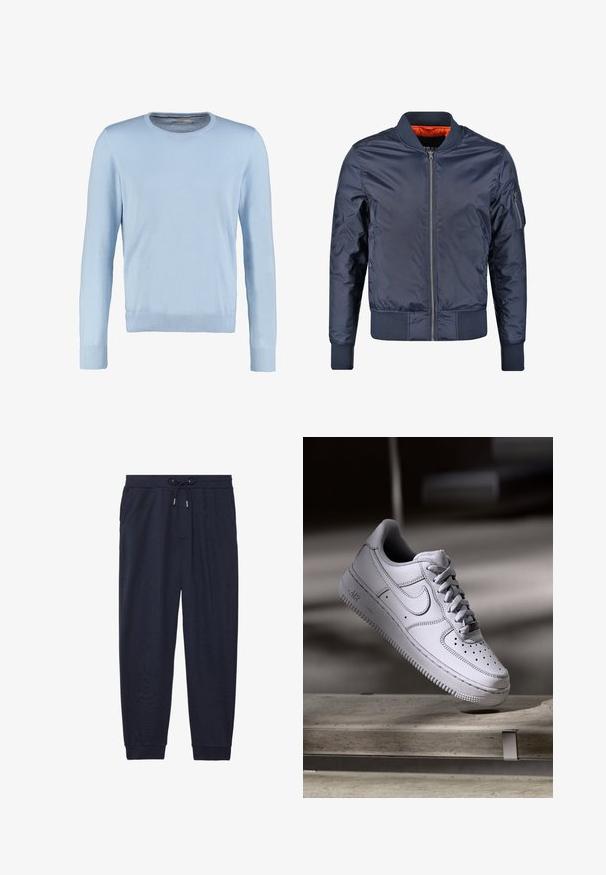 Mørkeblå bomberjakke med lynlås foran, ribbede manchetter og liv. Foret med orange stof; har en lomme på ærmet for ekstra detalje.; Lyseblå langærmet sweater med rund halsudskæring. Har en glat tekstur og ribbede manchetter og kant. Klassisk, tætsiddende design.; Marineblå joggingbukser lavet af blødt stof, med elastisk talje med snor, sidelommer og elastiske manchetter ved anklerne.; Hvid læder Nike Air Force 1 sneaker med perforeret tå, flade snørebånd og tekstureret gummisål med "AIR" branding på siden.