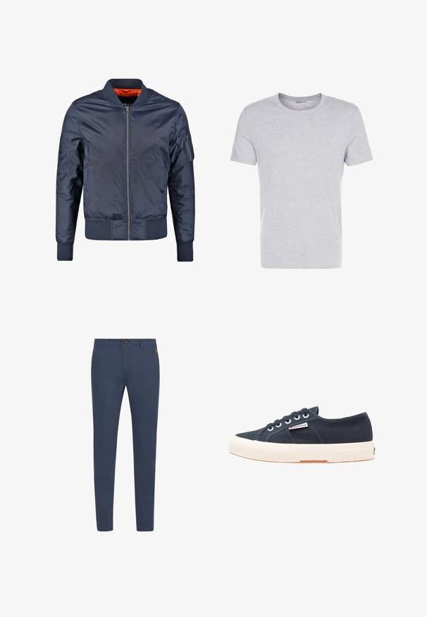Chaqueta bomber en color navy con cierre frontal, puños y cinturilla acanalados. Forrada con tejido naranja; cuenta con un bolsillo en la manga para un detalle adicional.; Camiseta de algodón gris con cuello redondo, mangas cortas y un diseño liso, que presenta una textura suave y lisa, sin patrones ni adornos visibles.; Pantalones de algodón azul marino con corte slim, con un botón marrón, bolsillos frontales y costuras simples. Textura suave, sin patrones visibles.; Zapatillas de lona azul marino con suela de goma blanca, empeine texturizado, puntera redonda, cinco ojetes y un parche de logo en el lateral.
