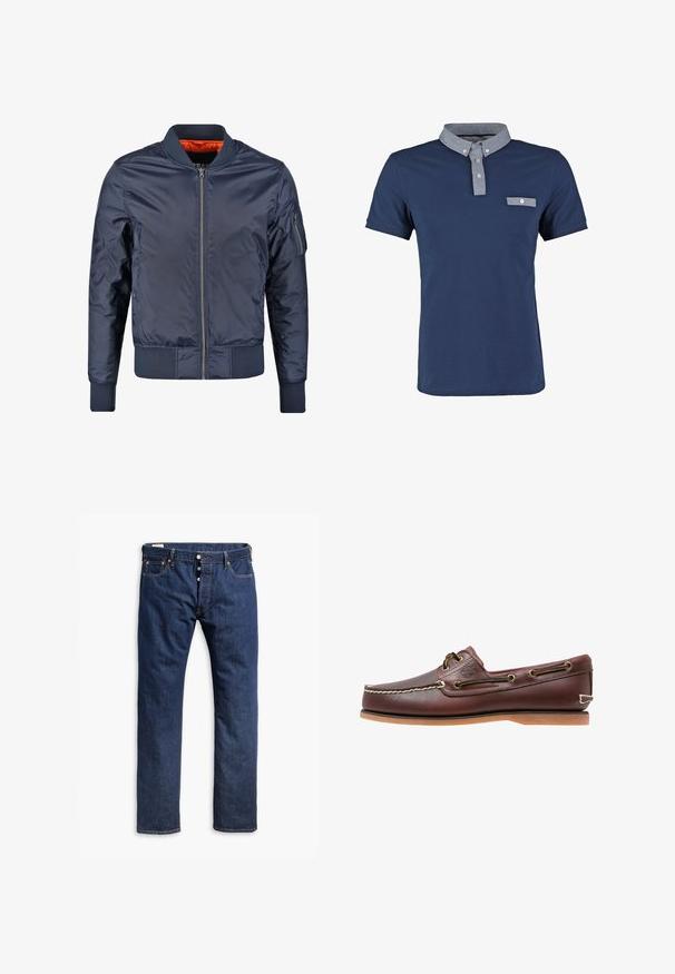Marine bomberjack met een ritssluiting aan de voorkant, ribgebreide manchetten en een ribgebreide tailleband. Gevoerd met oranje stof; heeft een zak op de mouw voor extra detail.; Marineblauwe polo gemaakt van katoen, met een contrasterende chambray kraag, een klein borstzakje en korte mouwen. Klassieke pasvorm en een gladde textuur.; Donkerblauwe denim jeans met een recht pijpdesign, contrasterende stiksels, een knopenrits en vijf-pocketstijl.; Bruine leren bootschoen met witte stiksels, veterdetails en beige rubberen zool, zijaanzicht op een witte achtergrond.