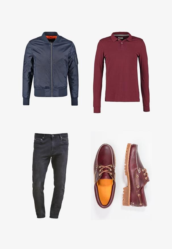Veste de bombardier marine avec fermeture éclair à l'avant, poignets et taille côtelés. Doublée de tissu orange ; possède une poche sur la manche pour un détail supplémentaire.; Polo à manches longues en bordeaux, avec un col classique, une patte de boutonnage à deux boutons et des fentes latérales pour faciliter les mouvements. Tissu en coton doux.; Jean en denim noir slim-fit avec design à cinq poches, fermeture éclair et décoloration subtile. Texture lisse avec une finition en dégradé foncé.; Chaussures en cuir bourgogne avec semelles en caoutchouc marron, bout rond, couture blanche et œillets dorés. L'intérieur présente une doublure jaune.