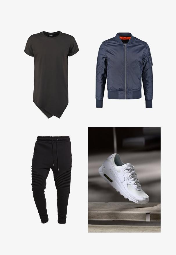 Marineblauer Bomberjacke mit Reißverschluss vorne, gerippten Bündchen und Saum. Ausgekleidet mit orangefarbigem Stoff; verfügt über eine Ärmeltasche für zusätzliche Details.; Schwarzes T-Shirt mit kurzen Ärmeln aus glattem Material, mit abgerundetem Saum und lässiger Passform sowie aufgerollten Ärmeln.; Schwarze Jogginghose aus weichem Stoff, mit gerippten Details an den Seiten, elastischem Bund mit Kordelzug und schmal zulaufenden Beinen.; Weiße Nike Air Max 90 Sneaker mit einem Obermaterial aus Mesh und Leder, durchlässigem Zehenbereich und einer sichtbaren Air-Einheit in der Ferse.