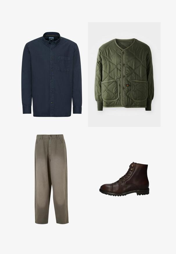 Gepolsterte olivgrüne Jacke mit rundem Ausschnitt, vorderem Knopfverschluss und zwei großen aufgesetzten Taschen mit strukturiertem Muster.; Marineblaue Button-Down-Hemd aus Baumwolle. Verfügt über einen klassischen Kragen, lange Ärmel, eine einzelne Brusttasche und dezente Nähdetails.; Helle grüne, weite Hosen aus weichem Stoff. Verfügt über einen Knopfverschluss, Vorderseiten-Taschen und eine insgesamt glatte Textur.; Dunkelbraune Leder Schnürstiefelette mit robustem Gummisohlen und Metallösen, von der Außenseite betrachtet.