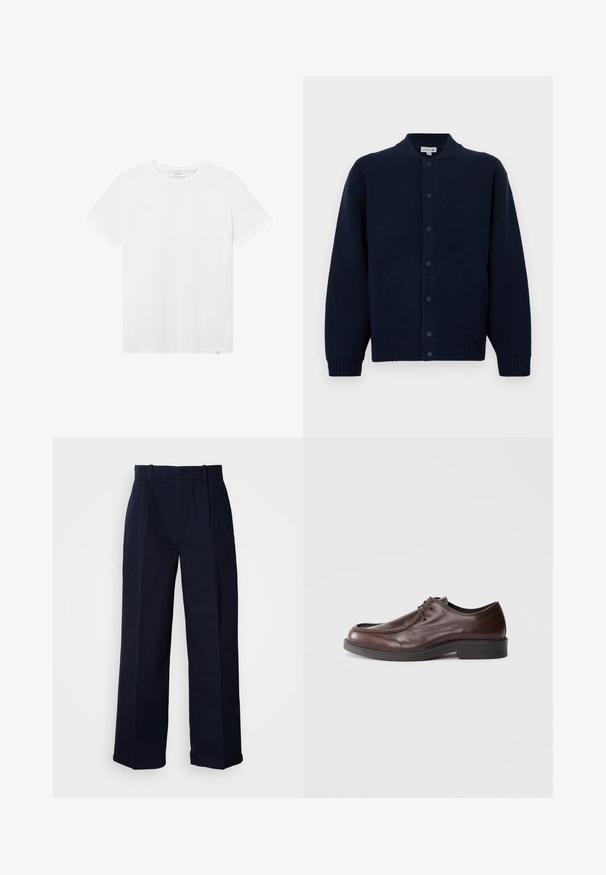 Marineblå strikket cardigan med ribbet krave, frontlukning med knapper og sidelommer. Har et diskret logo på venstre bryst.; Hvid bomulds t-shirt med rund halsudskæring, korte ærmer og en diskret logo detalje på brystet. Glat tekstur og standard pasform.; Navyblå vidde bukser lavet af bomuld, med knaplukning, front-press og en glat tekstiloverflade.; Brune lædersko med rund tå, minimal syning og en solid sort sål. Har snørelukning og en glat overflade.