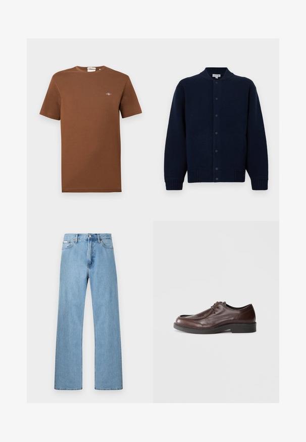 Cardigan tricoté marine avec un col côtelé, fermeture à boutons sur le devant et poches latérales. Présente un logo discret sur la poitrine gauche.; T-shirt en coton marron avec col rond. Présente un petit logo brodé sur la poitrine. Manches courtes et coupe régulière.; Jean en denim bleu clair coupe droite à cinq poches avec fermeture à boutons à la taille, présenté sur un fond uni.; Chaussure habillée en cuir marron avec un bout arrondi, des accents de couture minimum, et une semelle noire robuste. Présente un système de laçage et une texture lisse.