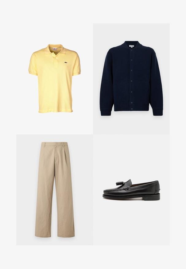 Cardigan tricoté marine avec un col côtelé, fermeture à boutons sur le devant et poches latérales. Présente un logo discret sur la poitrine gauche.; Polo jaune en coton, doté d'une patte de boutonnage à deux boutons, de manches courtes et d'un petit logo crocodile noir sur la poitrine.; Pantalon beige à jambes larges avec passants de ceinture, fermeture éclair devant, et plis, présenté sur fond blanc.; Mocassins en cuir noir avec couture mocassins, bout rond et ornement de pampille. Talon plat avec une texture lisse, conçus pour un port décontracté.