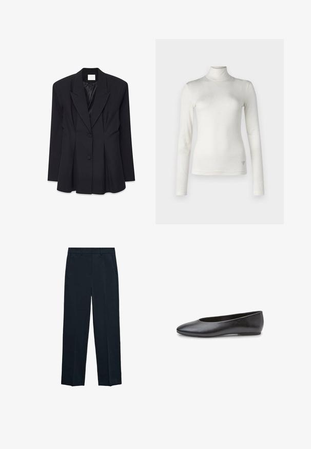 Čierny na mieru šitý blazer so štruktúrovaným dizajnom, špicatými klopami, dvoma gombíkmi a skladaným chrbtom. Vyrobený z hladkej tkaniny s matným povrchom.; Biela dlhá hladká sťahovacia blúzka s dlhým rukávom vyrobená z jemného materiálu s hladkou textúrou. Na spodnej strane má jemný akcent s logom.; Námornícke modré nohavice s rovnou nohou, plochým predným dielom, dvoma bočnými vreckami a hladkou textúrou. Žiadne viditeľné vzory alebo akcenty.; Čierna kožená balerína s ostrou špičkou a minimalistickým dizajnom. Vyznačuje sa hladkou textúrou a nízkym, plochým podpätkom.
