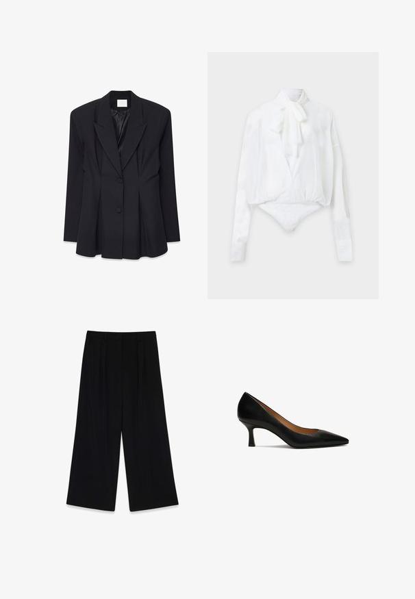 Čierny na mieru šitý blazer so štruktúrovaným dizajnom, špicatými klopami, dvoma gombíkmi a skladaným chrbtom. Vyrobený z hladkej tkaniny s matným povrchom.; Biely body s dlhým rukávom, mašľou pri krku, prekríženým predkom a priliehavými manžetami, zobrazený na jednoduchom svetlom pozadí.; Čierne široké nohavice vyrobené z hladkej tkaniny, s plisovaním vpredu, stredne vysokým pásom a bez viditeľných zapínaní alebo ozdôb.; Čierne kožené lodičky s špicatou špičkou a stredným opätkom typu stiletto. Hladká textúra s klasickým siluetou. Bez ozdôb alebo vzorov.