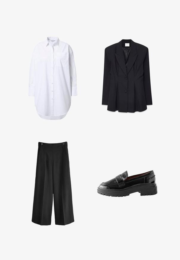 Sort skræddersyet blazer med en struktureret design, spidse lapel, to knapper og plisseret ryg. Fremstillet af et glat stof med en mat overflade.; Overdimensioneret hvid skjorte med lange ærmer, spidst krave, forlommer og let buet nederkant.; Svarte breddebenede bukser med høj talje, lavet af glat stof. Har to forlommer og to knapper ved linningen.; Sorte patenterede læderloafers med en kraftig gummisål, der har en rund tå og et syet, hævet bånd tværs over vristen.