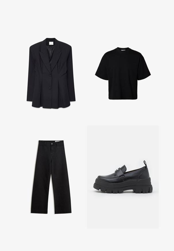 Schwarzer taillierter Blazer mit strukturiertem Design, Reverskragen, zwei Knöpfen und gefaltetem Rücken. Hergestellt aus einem glatten Stoff mit matter Oberfläche.; Schwarzes Oversized-T-Shirt mit kurzen Ärmeln, Rundhalsausschnitt und lockerem Schnitt, auf weißem Hintergrund dargestellt.; Schwarze weit geschnittene Jeans mit hoher Taille, ausgestattet mit Vorder- und Hintertaschen, gesteppten Nähten und einem Knopfverschluss. Glatte Textur.; Schwarzer Lederloafer mit dicker profilstarker Sohle, Mokassinnaht vorne, Riemendetail oben und Zuglasche an der Ferse, seitlich gezeigt.