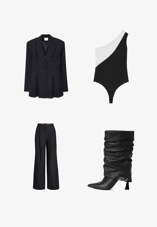 Čierny na mieru šitý blazer so štruktúrovaným dizajnom, špicatými klopami, dvoma gombíkmi a skladaným chrbtom. Vyrobený z hladkej tkaniny s matným povrchom.; Jednodelné plavky na jedno rameno s farebným blokovaním, kde na jednej strane je čierna a na druhej biela. Vyrobené z hladkej látky s odvážnym výstrihom.; Čierne široké spoločenské nohavice s opaskovými pútkami a predným zapínaním na zips, zobrazené na bielom pozadí.; Čierna uvoľnená kožená čižma na vysokom podpätku so špicatou špičkou a strieborným logom „Karl“ blízko päty na bielom pozadí.