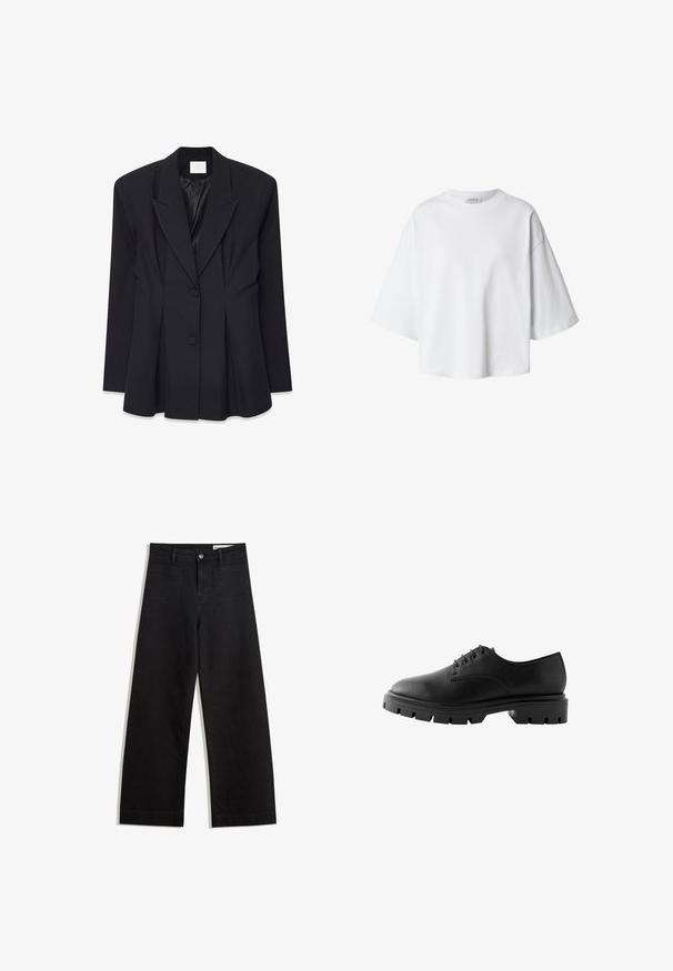 Schwarzer taillierter Blazer mit strukturiertem Design, Reverskragen, zwei Knöpfen und gefaltetem Rücken. Hergestellt aus einem glatten Stoff mit matter Oberfläche.; Weißes oversized T-Shirt mit kurzen Ärmeln, Rundhalsausschnitt und lockerem Sitz, auf einem schlichten Hintergrund gezeigt.; Schwarze weit geschnittene Jeans mit hoher Taille, ausgestattet mit Vorder- und Hintertaschen, gesteppten Nähten und einem Knopfverschluss. Glatte Textur.; Schwarzer Lederschuh mit abgerundetem Zehenbereich, sechs Ösen, flachen Schnürsenkeln und einer stabilen Gummisohle mit tiefen Profilmustern.