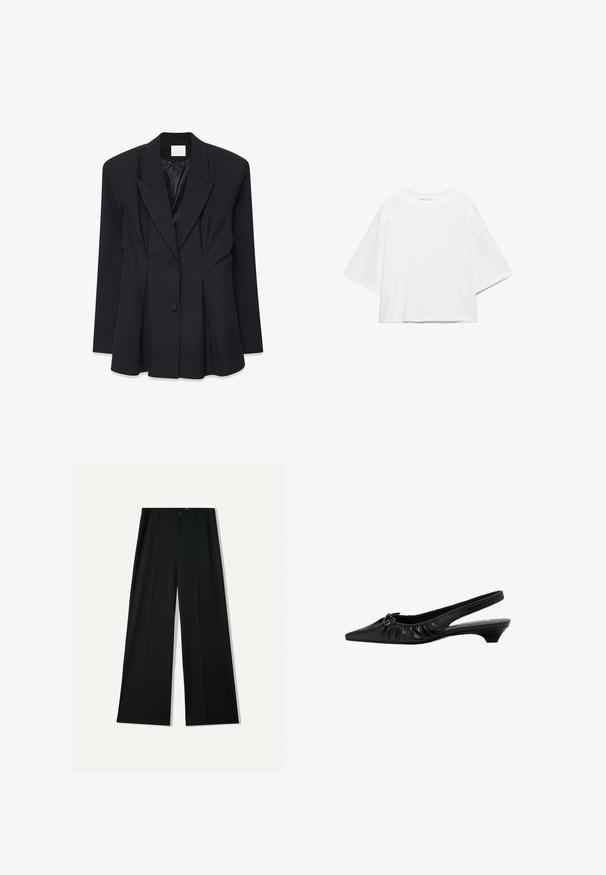 Sort skræddersyet blazer med en struktureret design, spidse lapel, to knapper og plisseret ryg. Fremstillet af et glat stof med en mat overflade.; Hvid, kortærmet, løs t-shirt lavet af blød bomuld. Har rund halsudskæring og brede ærmer, med et rent, enkelt design.; Bershka WIDE - Bukser - black; Sorte læderslingback-sko med spids tå, samlet detaljering og en lav hæl. Glat tekstur og minimalistisk design.