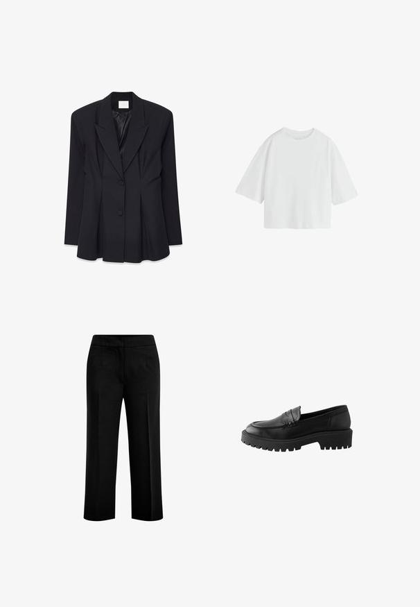 Blazer negro ajustado con un diseño estructurado, solapas puntiagudas, dos botones y parte trasera con pliegues. Fabricado con un tejido suave y un acabado mate.; Camiseta blanca lisa de manga corta oversize con cuello redondo y ajuste holgado.; Pantalones anchos y negros fabricados en un tejido suave, con dos bolsillos delanteros y una cinturilla plana. Diseño ajustado con una silueta limpia.; Mocasín de cuero negro con puntera redondeada, detalle de costura elevada y suela de goma gruesa con surcos profundos para mayor tracción.