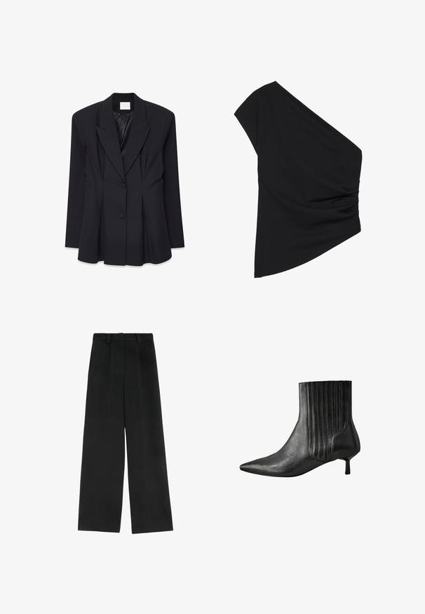 Blazer noir ajusté avec un design structuré, des revers en pointe, deux boutons et un dos plissé. Fabriqué à partir d'un tissu lisse avec une finition mate.; Top noir à une épaule en tissu extensible, avec un détail froncé sur le côté et un ourlet asymétrique. Texture lisse avec un léger tombé.; Pantalons larges noirs à taille haute, avec deux plis à l'avant, des passants de ceinture et une texture lisse. Sans poches ni matériel visible.; Botte noire en cuir à hauteur de cheville avec un bout pointu, un design côtelé sur le côté et un petit talon carré. Texture lisse avec une finition brillante.
