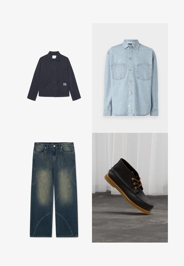 Veste en coton bleu marine avec un col, fermeture à boutons sur le devant, deux grandes poches et un détail en patch texturé sur la poche gauche.; Chemise en denim bleu clair à manches longues, fermeture à boutons, deux poches poitrine et un col classique. Tissu texturé avec un ourlet droit.; FAVELA DOUBLE LAYER - Jean large - dark blue; Chaussures en cuir noir avec une finition lisse, bout rond, lacets marron et semelles en caoutchouc marron clair. Logo embossé sur le côté.