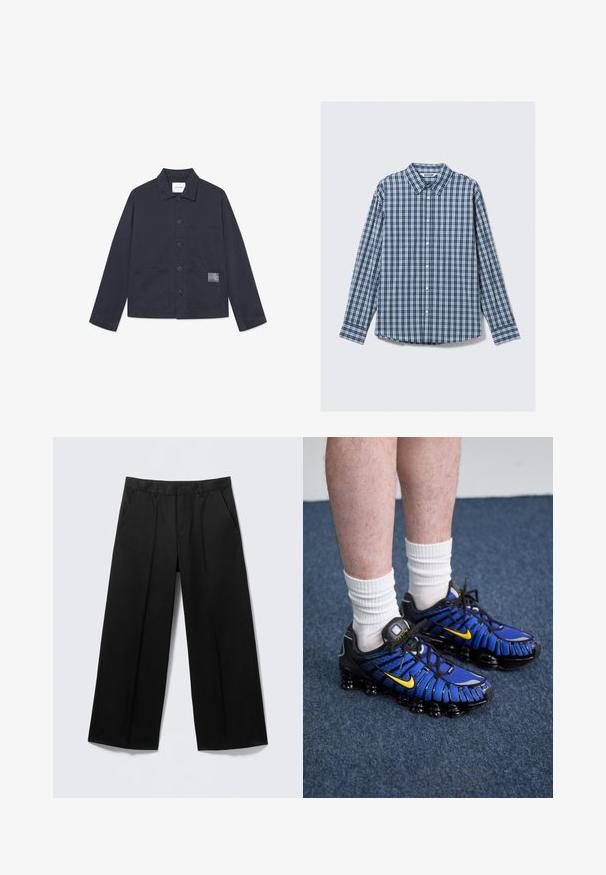 Navyblaue Baumwolljacke mit Kragen, vorderer Knopfleiste, zwei großen Taschen und einem strukturierten Patches auf der linken Tasche.; Langärmliges Hemd mit blauen und weißen Karos, Kragen, Knopfleiste und mit Manschetten versehenen Ärmeln. Baumwollstoff mit glatter Textur.; Schwarze Hosen mit weitem Bein, Gürtelschlaufen, Vordertaschen und Reißverschluss, auf einem hellgrauen Hintergrund präsentiert.; Blaue und schwarze Sportschuhe zeichnen sich durch ein Mesh-Design, gelbe Akzente und eine segmentierte Sohle aus. Sie werden mit weißen Knöchelsocken getragen.