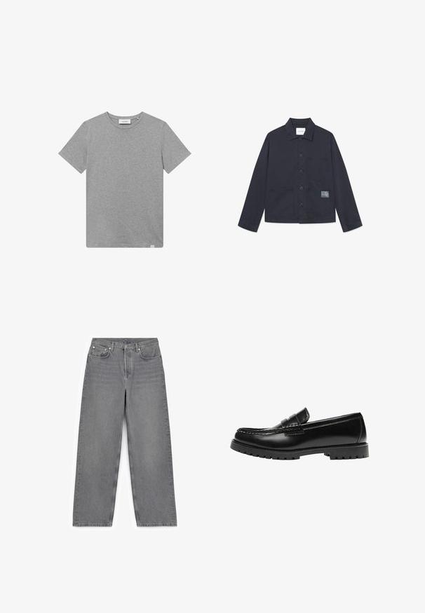 Navyblaue Baumwolljacke mit Kragen, vorderer Knopfleiste, zwei großen Taschen und einem strukturierten Patches auf der linken Tasche.; Graues kurzärmeliges T-Shirt aus einem Baumwoll-Mischgewebe. Es verfügt über einen runden Halsausschnitt und ein kleines Logodetail auf der linken Vorderseite.; Graue weit geschnittene Jeans aus Denim mit klassischem Fünf-Taschen-Design, Metallknopfverschluss und schlichten genähten Details.; Schwarzer Leder-Slipper mit dicker Gummisohle und klassischem Penny-Detail an der Riemen, von der Außenseite gezeigt.