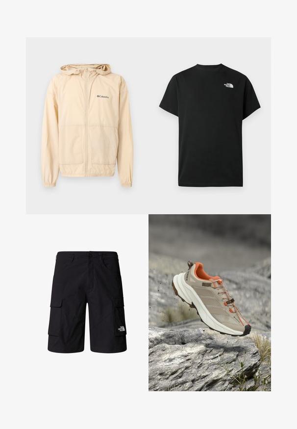 Beige Columbia leichte Kapuzenjacke mit Frontreißverschluss, zwei Taschen und elastischen Bündchen auf weißem Hintergrund.; Schwarzes kurzärmliges T-Shirt aus Baumwolle. Mit einem weißen Logo auf der linken Brust. Einfacher Schnitt mit rundem Ausschnitt und minimalen Designdetails.; Schwarze Cargo-Shorts aus leichtem Stoff, ausgestattet mit zwei Seitentaschen, zwei Cargotaschen und einem Markenlogo am unteren rechten Bein.; Beiger und oranger Wanderschuh mit dicker Sohle, GORE-TEX-Label und "TERREX"-Branding, gezeigt über felsigem Gelände.