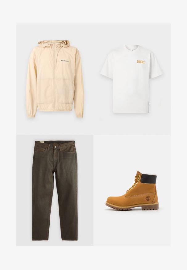 Beige Columbia letvægtsjakke med hætte, lynlås foran, to lommer og elastiske manchetter på hvid baggrund.; Hvid T-shirt med korte ærmer og rund halsudskæring med lille orange "DICKIES"-logo på øverste venstre bryst.; Mørkegrønne denim jeans med lige skæring, udstyret med kobberstikninger, et klassisk fem-lomme design og en knap-gylp.; Brune læder ankelstøvle med metaløjer, hvid pelsforing, sort polstret krave, robust sål og præget logo på siden.