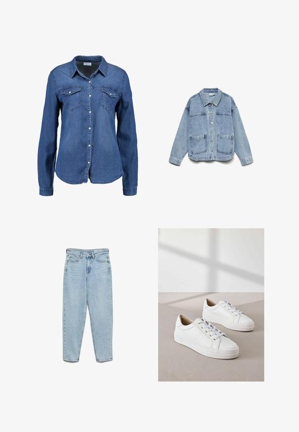 Svetlomodrá rifľová bunda s dlhými rukávmi, zapínaním na gombíky, golierom a dvoma náprsnými vreckami na našitie.; Džínová košeľa v stredne modrej farbe s dlhými rukávmi, zapínaním na gombíky, špicatým golierom a dvoma vreckami na hrudi. Mäkká textúra so štandardným strihom.; Svetlomodré rifle s vysokým pásom, prednými vreckami, pútkami na opasok, zapínaním na gombíky a zúženými nohavicami na bielom pozadí.; Biele tenisky vyrobené z texturovanej kože, s oble špičkami, plochými bielymi podrážkami a zlatými očkami na šnúrky. Minimalistický dizajn s perforovaným detailom.